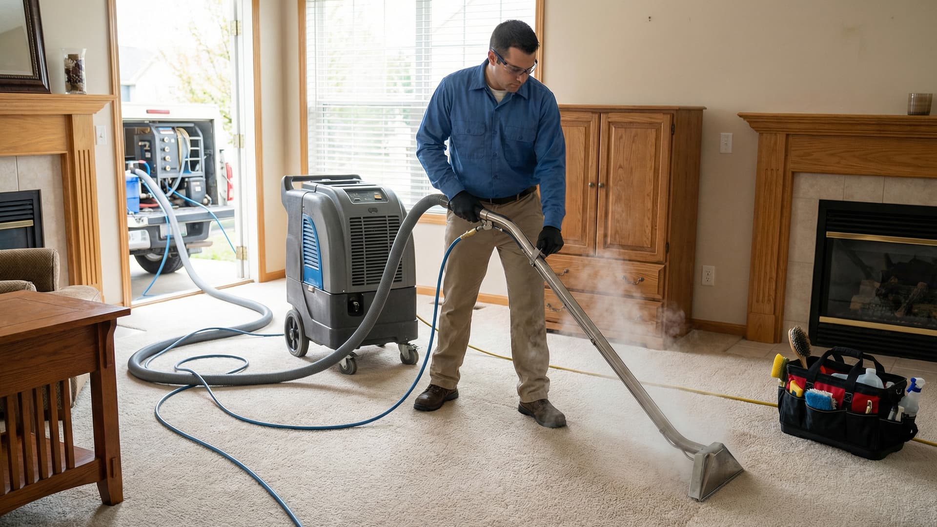 Carpet cleaning technician using professional equipment on carpet