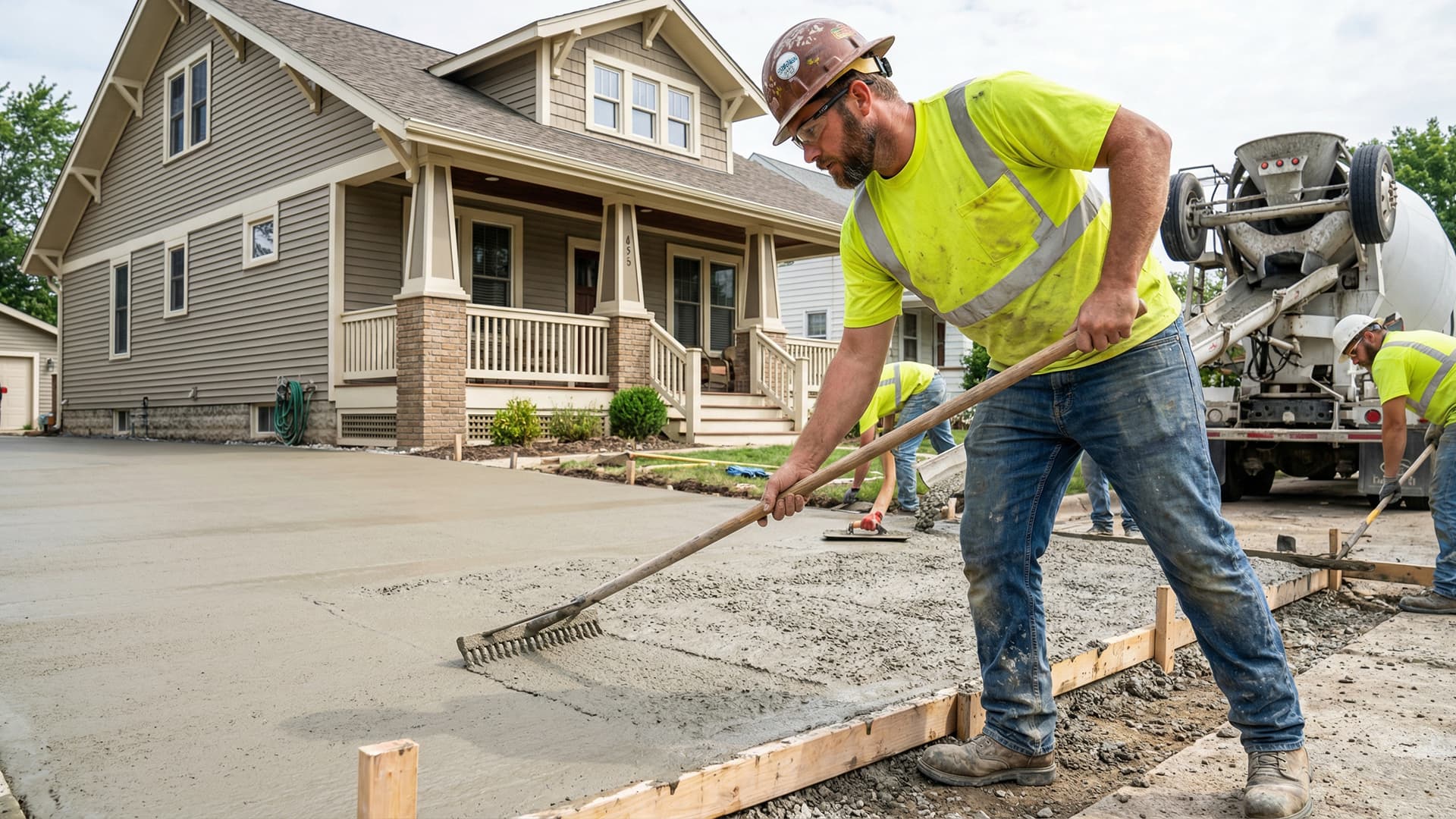 Concrete contractor pouring and finishing a concrete slab