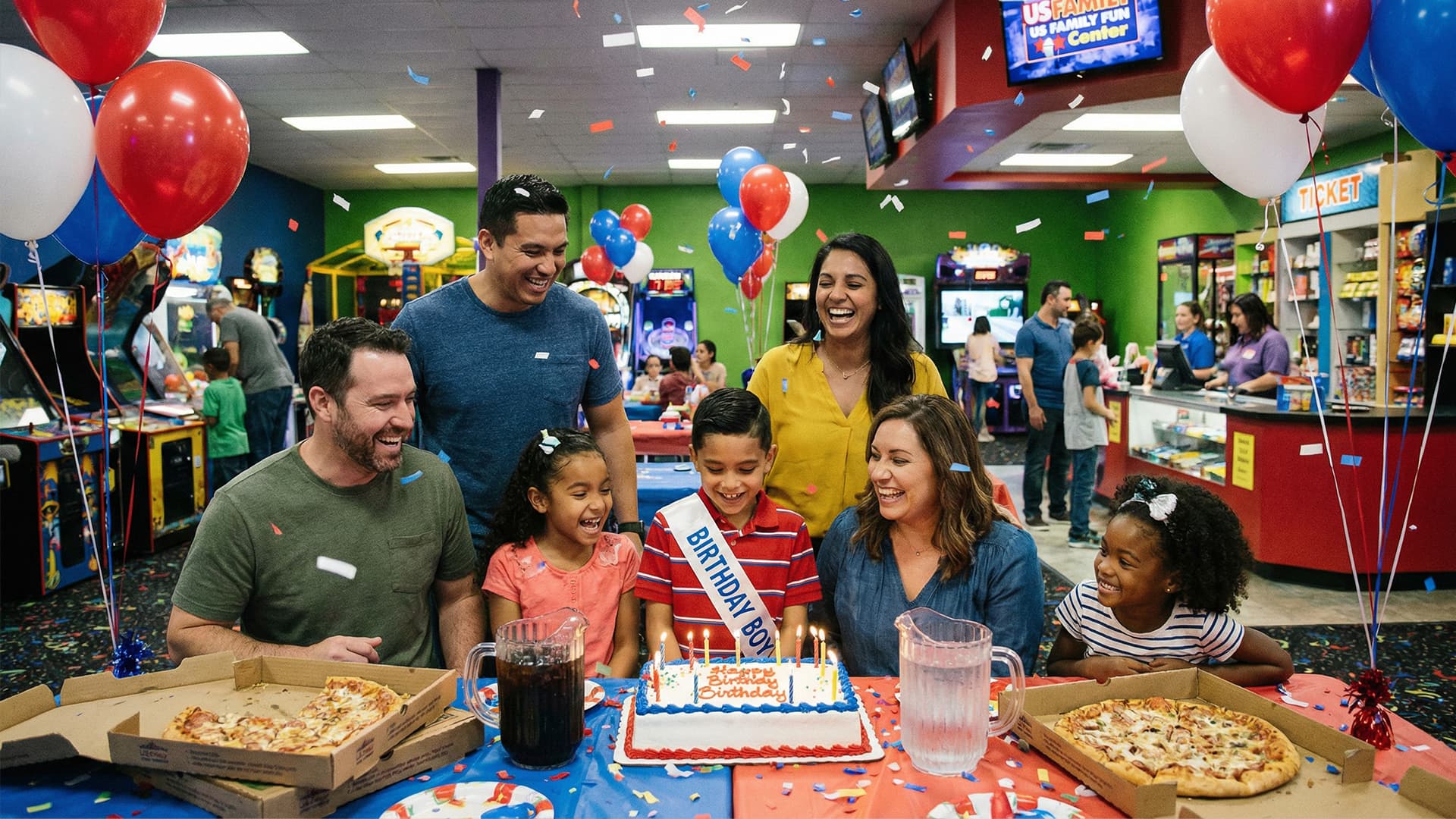 Family fun center birthday party with kids enjoying activities