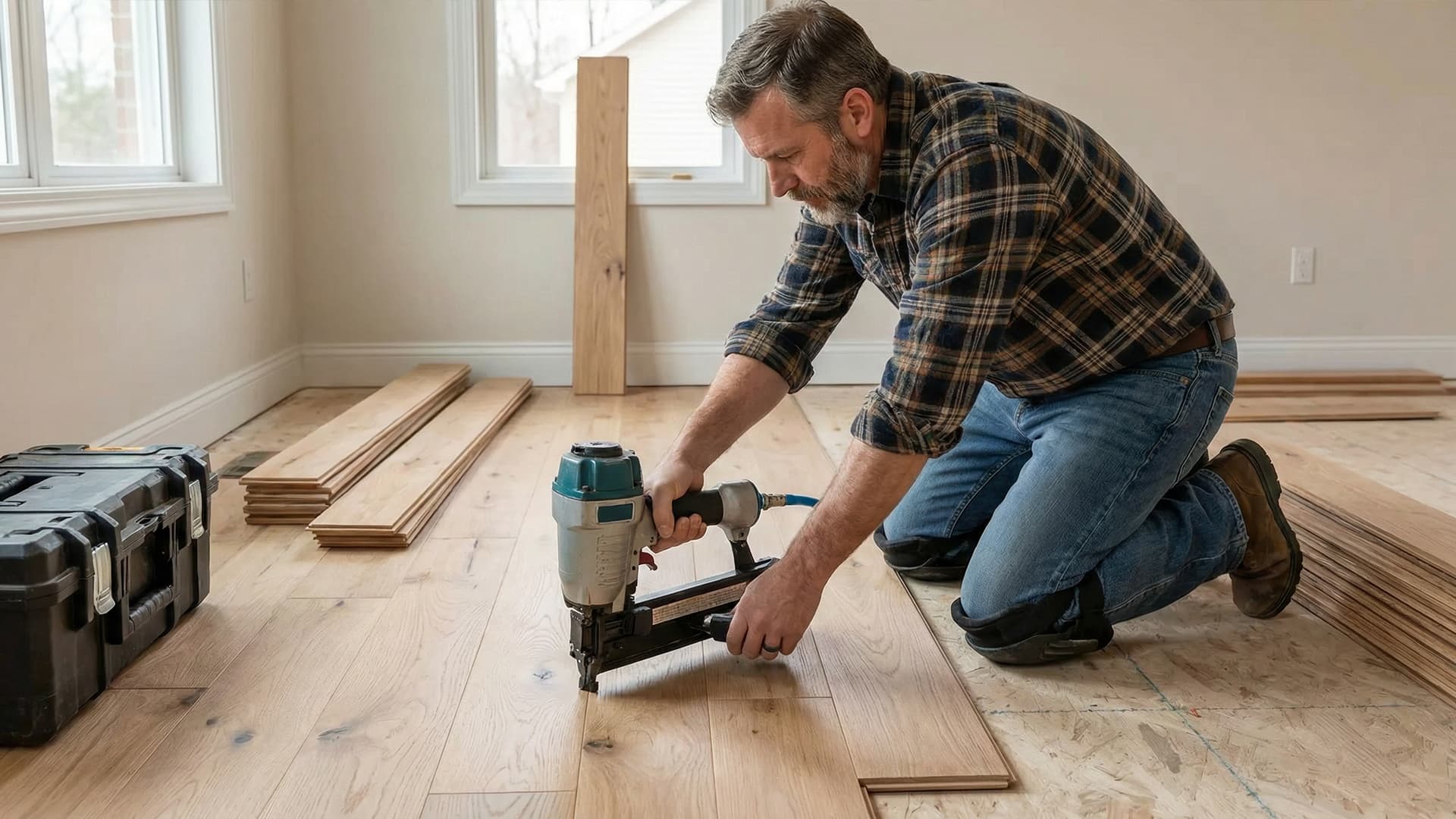 Flooring professional installing hardwood floors