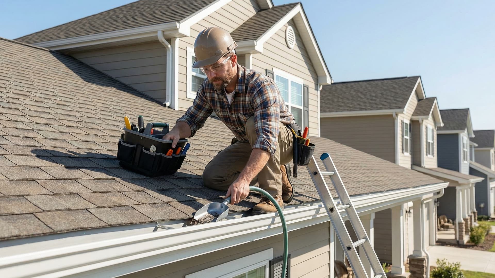 Property maintenance worker performing exterior upkeep
