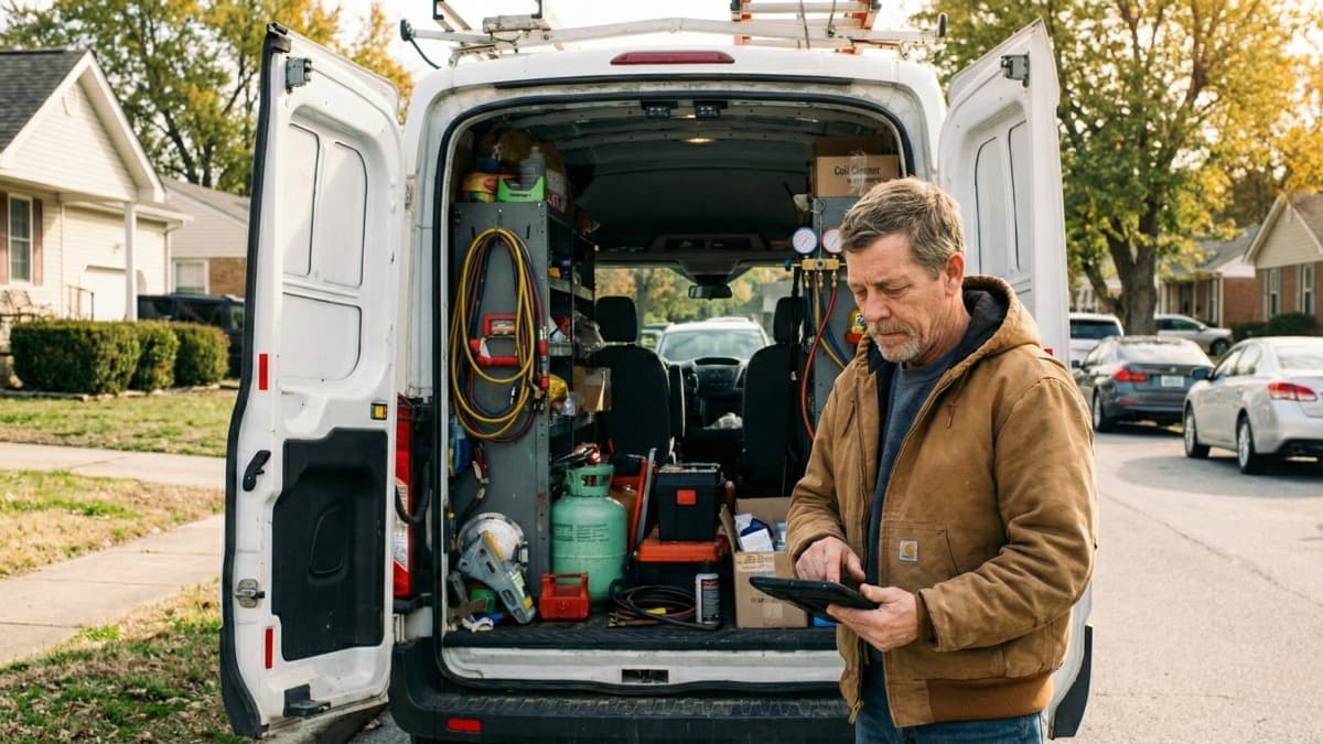 HVAC technician servicing air conditioning unit
