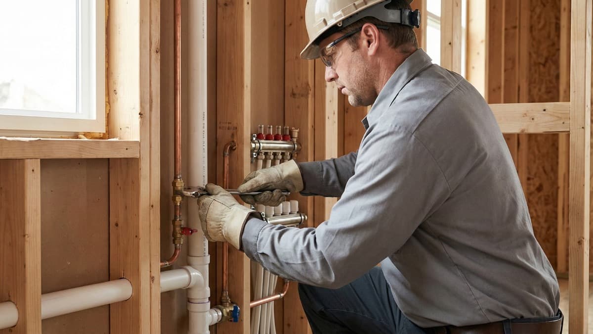 Plumber working under sink